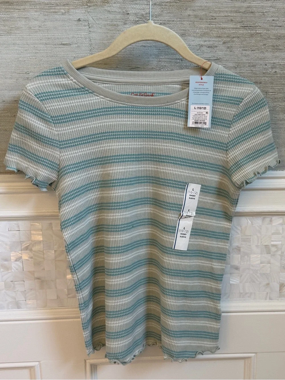 NWT new girls large 10 12 cat & jack waffle knit Striped shirt Top Cream Teal